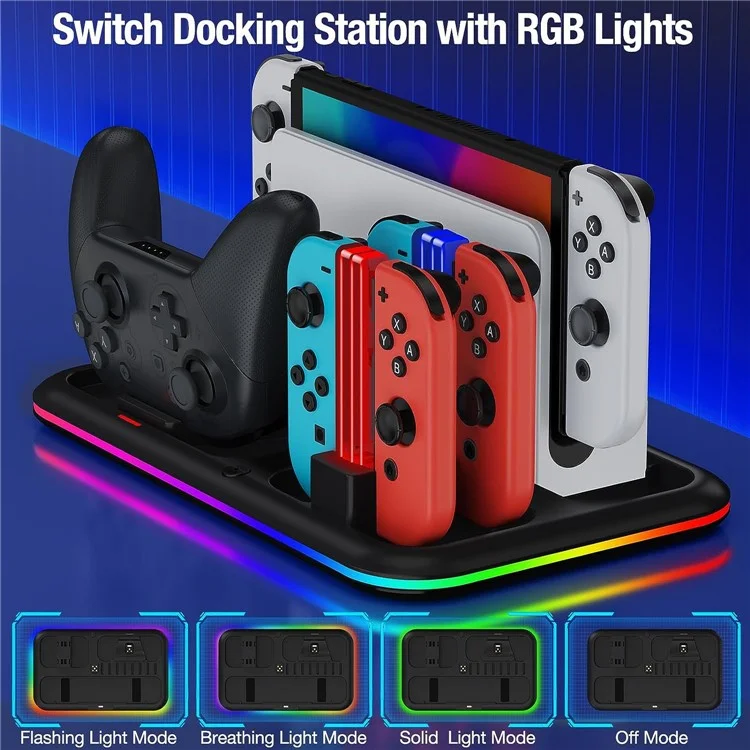 HONCAM DZ601 RGB Light Charging Station for Nintendo Switch Game Console / Controller Heat Dissipation Charging Dock Stand - Black