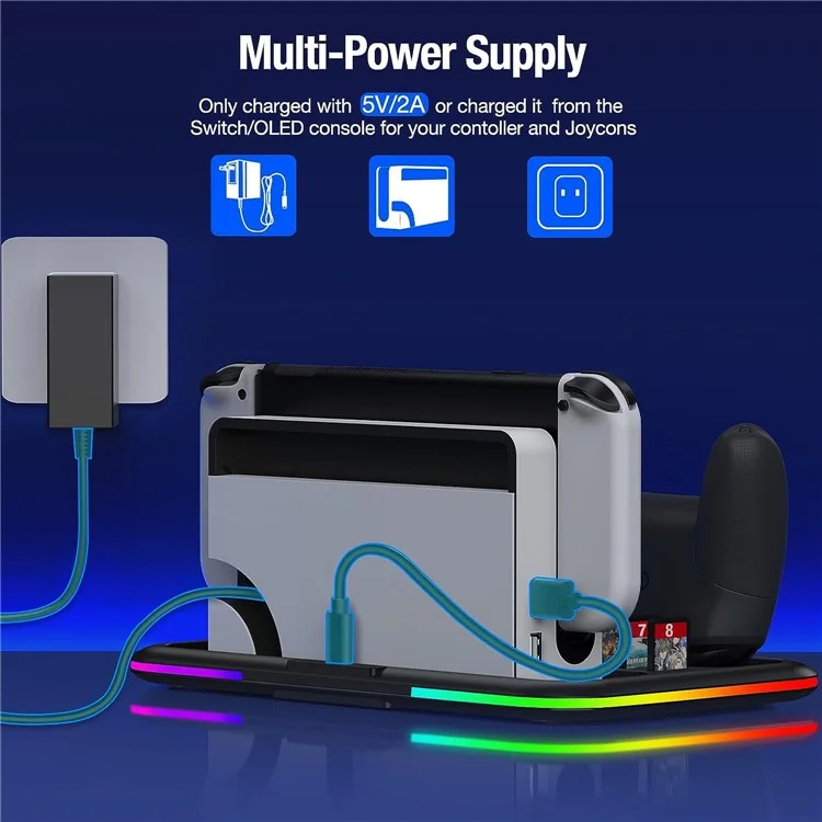 HONCAM DZ601 RGB Light Charging Station for Nintendo Switch Game Console / Controller Heat Dissipation Charging Dock Stand - Black