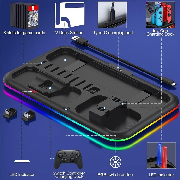 HONCAM DZ601 RGB Light Charging Station for Nintendo Switch Game Console / Controller Heat Dissipation Charging Dock Stand - Black