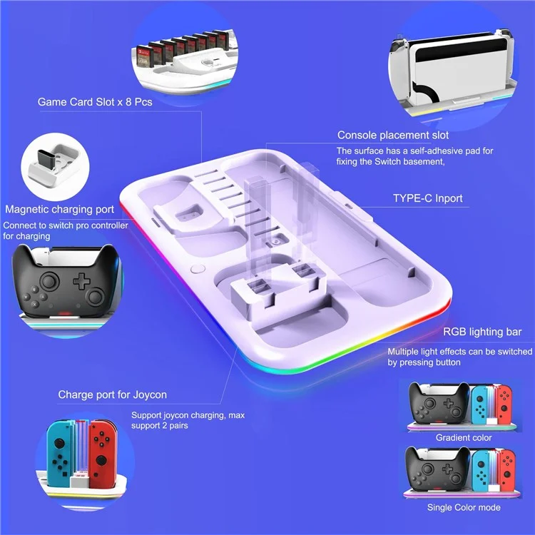 HONCAM DZ601 RGB Light Charging Station for Nintendo Switch Game Console / Controller Heat Dissipation Charging Dock Stand - Black