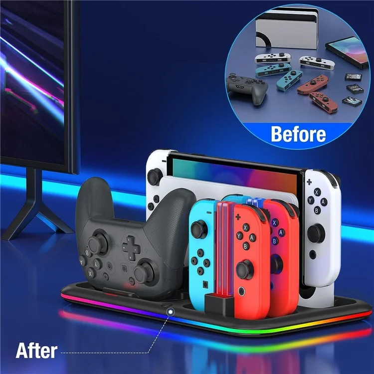 HONCAM DZ601 RGB Light Charging Station for Nintendo Switch Game Console / Controller Heat Dissipation Charging Dock Stand - Black