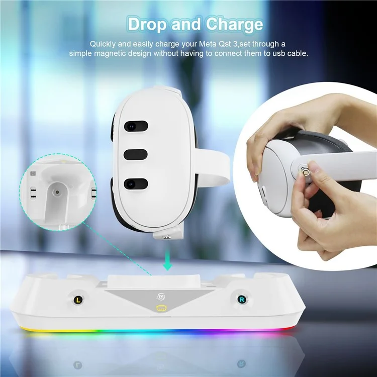 JYS JYS-MQ001 Para Meta Quest 3 VR Headset Controller Charge Dock Magnetic Charging Base