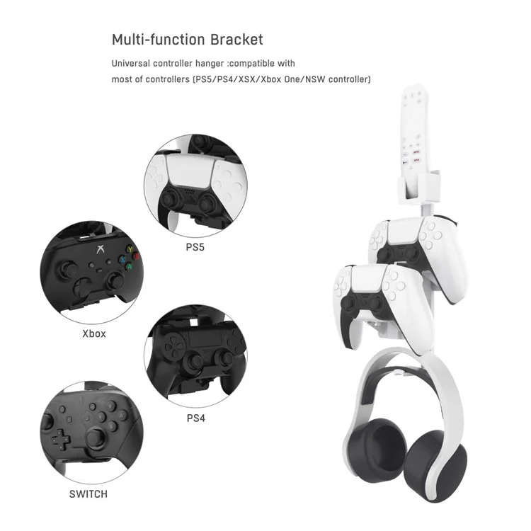 JYS JYS-P5125 Para PS5 / PS4 / Xbox / Nintendo Switch Soporte de Pared ABS Estante de Almacenamiento de Auriculares y Gamepad - Blanco