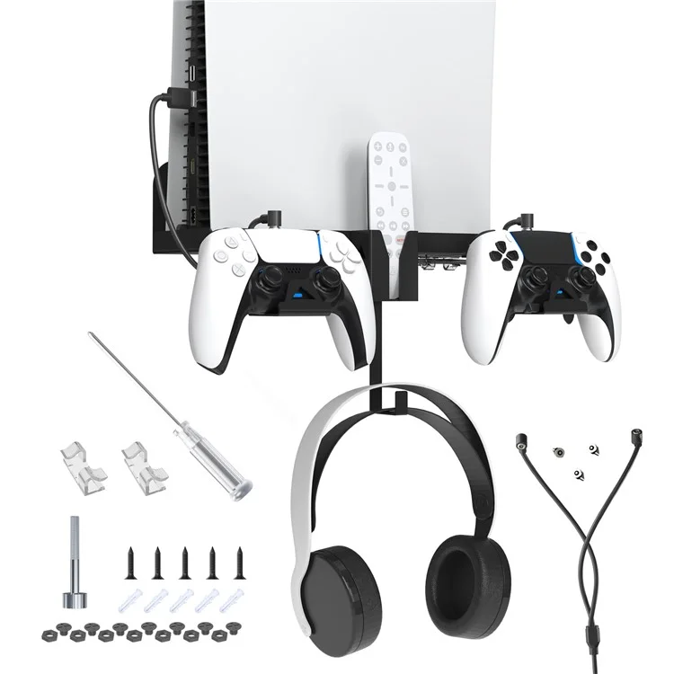 JYS JYS-P5173 Multi-Function Wall Mount Kit for Sony PS5 Game Console Controller Holder with 2-in-1 Magnetic Charging Cable - Black