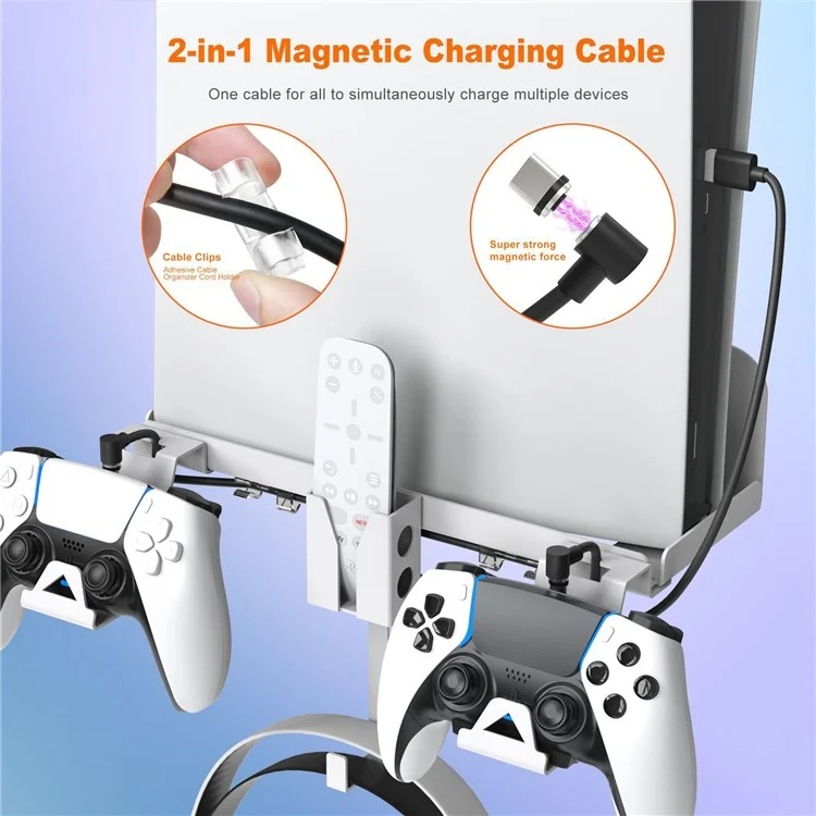 JYS JYS-P5173 Multi-Function Wall Mount Kit for Sony PS5 Game Console Controller Holder with 2-in-1 Magnetic Charging Cable - Black
