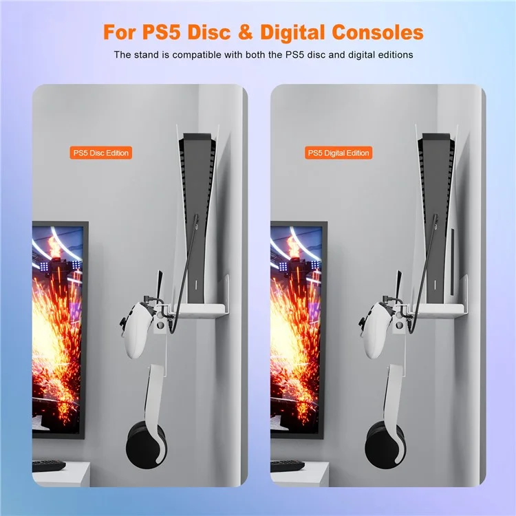 JYS JYS-P5173 Multi-Function Wall Mount Kit for Sony PS5 Game Console Controller Holder with 2-in-1 Magnetic Charging Cable - Black
