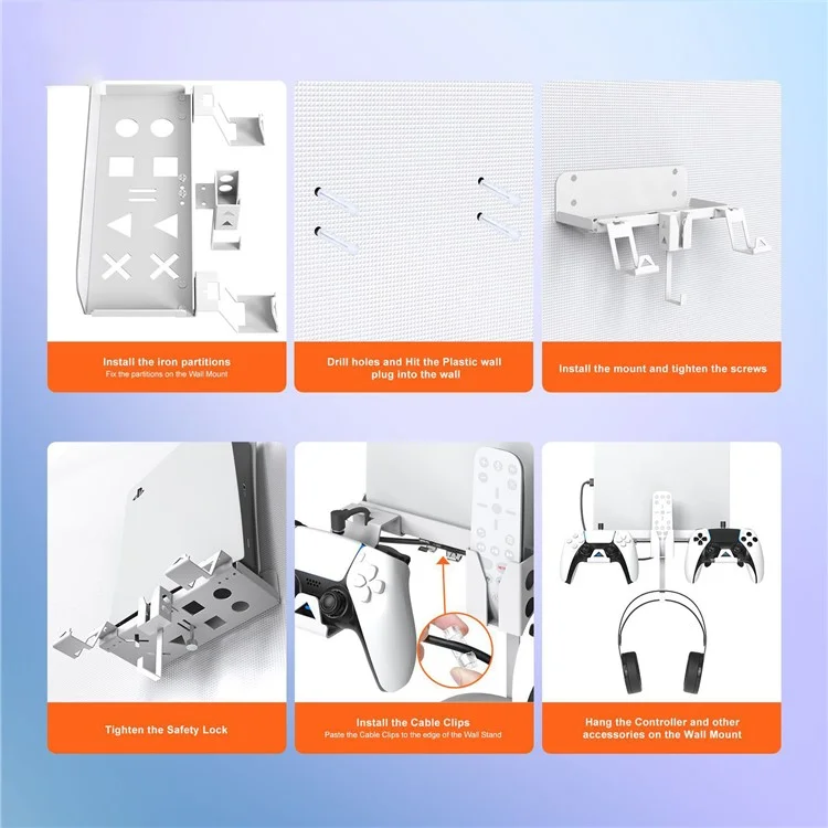 JYS JYS-P5173 Multi-Function Wall Mount Kit for Sony PS5 Game Console Controller Holder with 2-in-1 Magnetic Charging Cable - Black