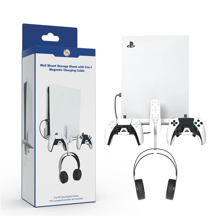 JYS JYS-P5173 Multi-Function Wall Mount Kit for Sony PS5 Game Console Controller Holder with 2-in-1 Magnetic Charging Cable - Black