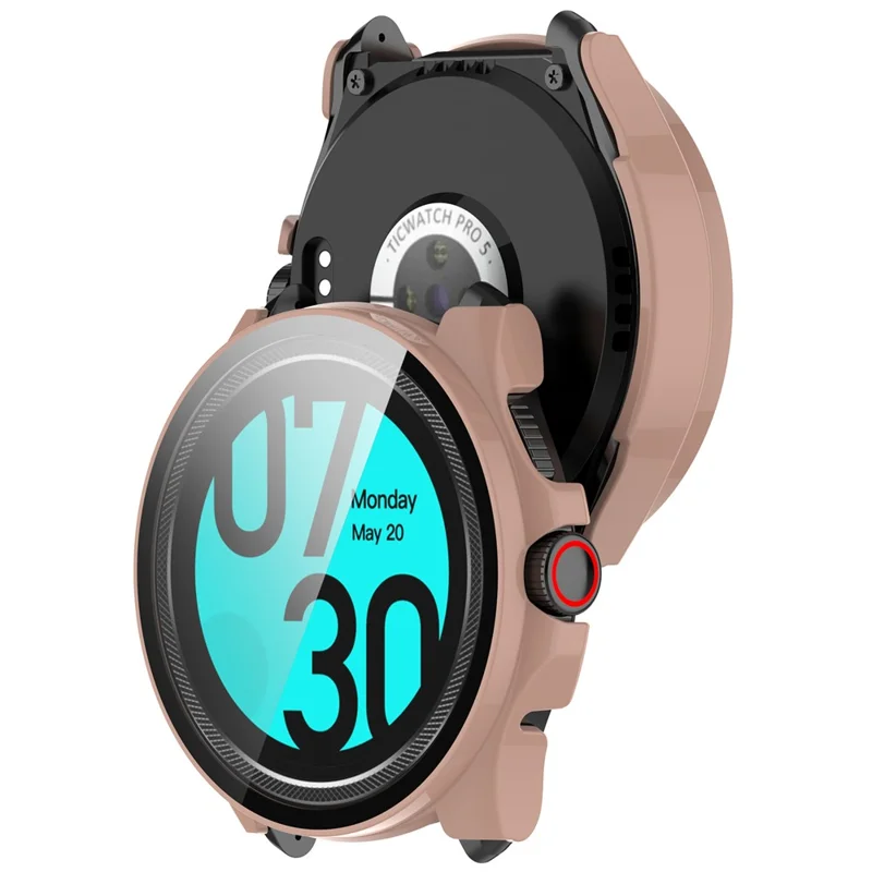 For TicWatch Pro 5 Hard PC Watch Case with Built-in Tempered Glass Screen Protector - Pink