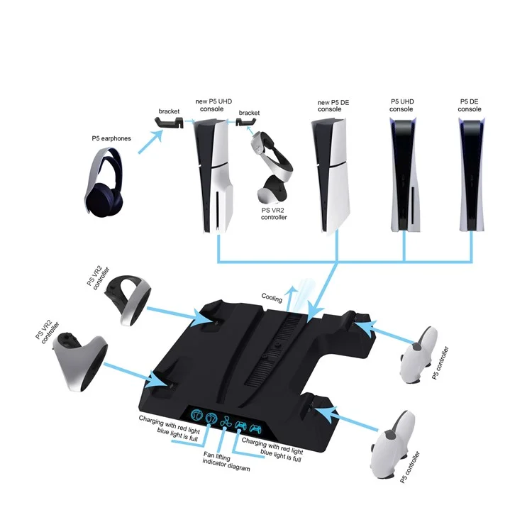 KJH P5D-004 For PS5 Slim / PS5 Multi-function Cooling Fan Charger Base Storage Rack - Black