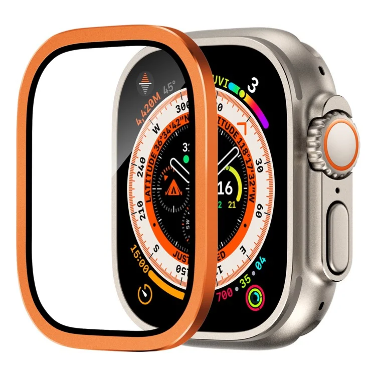 Para Apple Watch Ultra 49mm / Ultra 2 49mm Case Aluminum Alloy Watch Cover with Tempered Glass Film - Orange