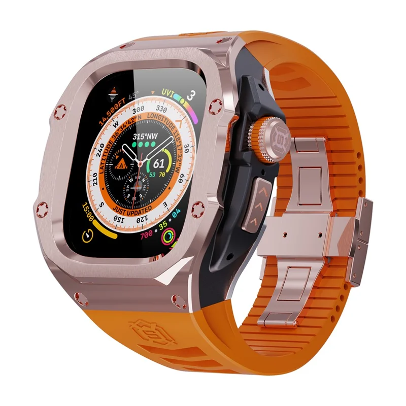 Shellbox Pour Apple Watch Ultra 49 mm / Strape Strape Strape Strape Strap - or Rose + Noir + Orange