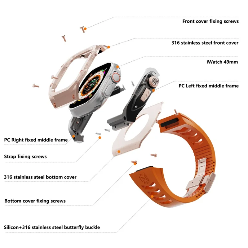 SHELLBOX Per Apple Watch Ultra 49mm / Ultra 2 49mm Custodia in Metallo Smartwatch Cinturino - Rose Gold+Black+Orange
