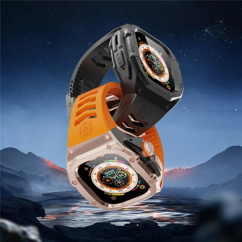 Shellbox Pour Apple Watch Ultra 49 mm / Strape Strape Strape Strape Strap - or Rose + Noir + Orange