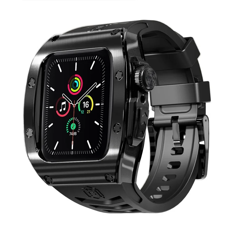 shellbox for apple watch series 5 / 4 / se / 6 / se (2022) 44 mm / serie 7 / 8 caja de marco de reloj de metal de 45 mm con correa - negro