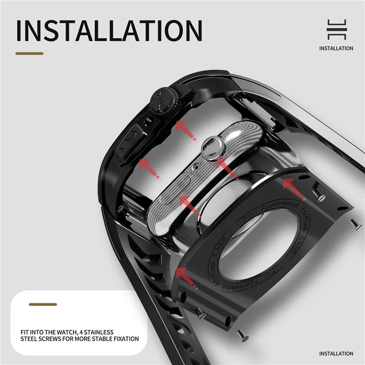 SHELLBOX per Apple Watch Series 5 / 4 / SE / 6 / SE (2022) 44mm / Series 7 / 8 45mm Custodia in metallo per orologio con cinturino - Nero
