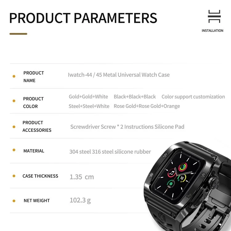 SHELLBOX per Apple Watch Series 5 / 4 / SE / 6 / SE (2022) 44mm / Series 7 / 8 45mm Custodia in metallo per orologio con cinturino - Nero