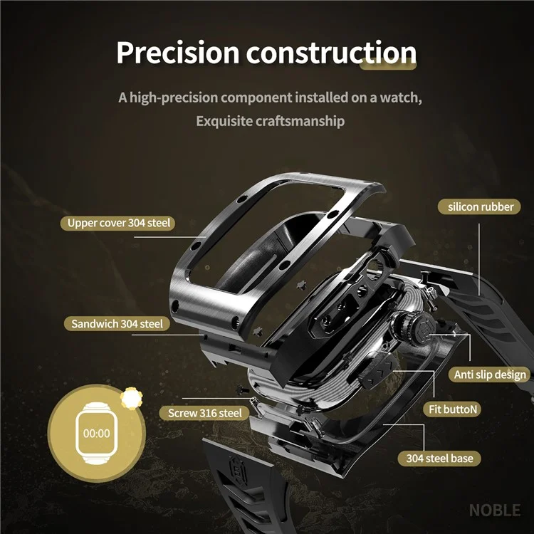 SHELLBOX per Apple Watch Series 5 / 4 / SE / 6 / SE (2022) 44mm / Series 7 / 8 45mm Custodia in metallo per orologio con cinturino - Nero