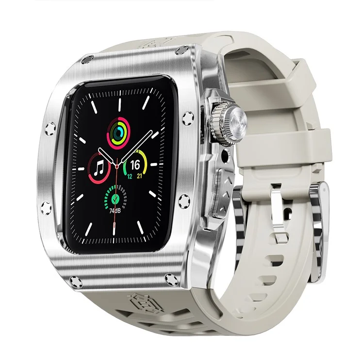 shellbox für apple watch series 5 / 4 / se / 6 / se (2022) 44 mm / serie 7 / 8 45 mm metall uhrenkoffer mit riemen - stahl+weiß