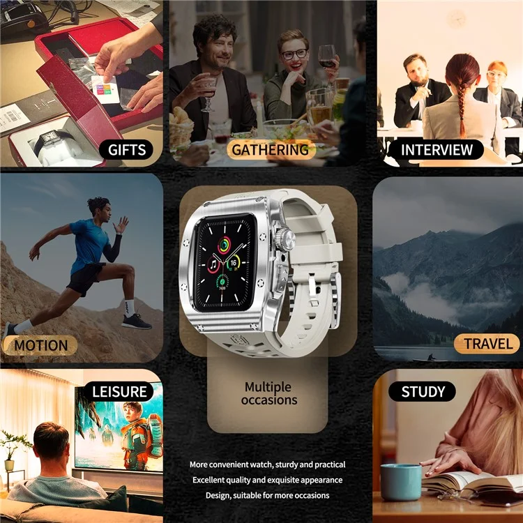 shellbox für apple watch series 5 / 4 / se / 6 / se (2022) 44 mm / serie 7 / 8 45 mm metall uhrenkoffer mit riemen - stahl+weiß