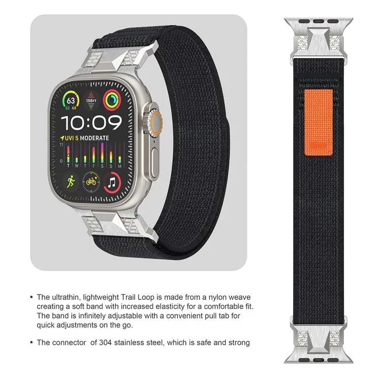 Для Apple Watch 10 46 мм / Ultra 2 / Ultra 49 мм / 9 8 7 45 мм / SE (2023) SE (2022) SE 6 5 4 44 мм / 3 2 1 42 мм Trail Loop нейлоновый ремешок - черный