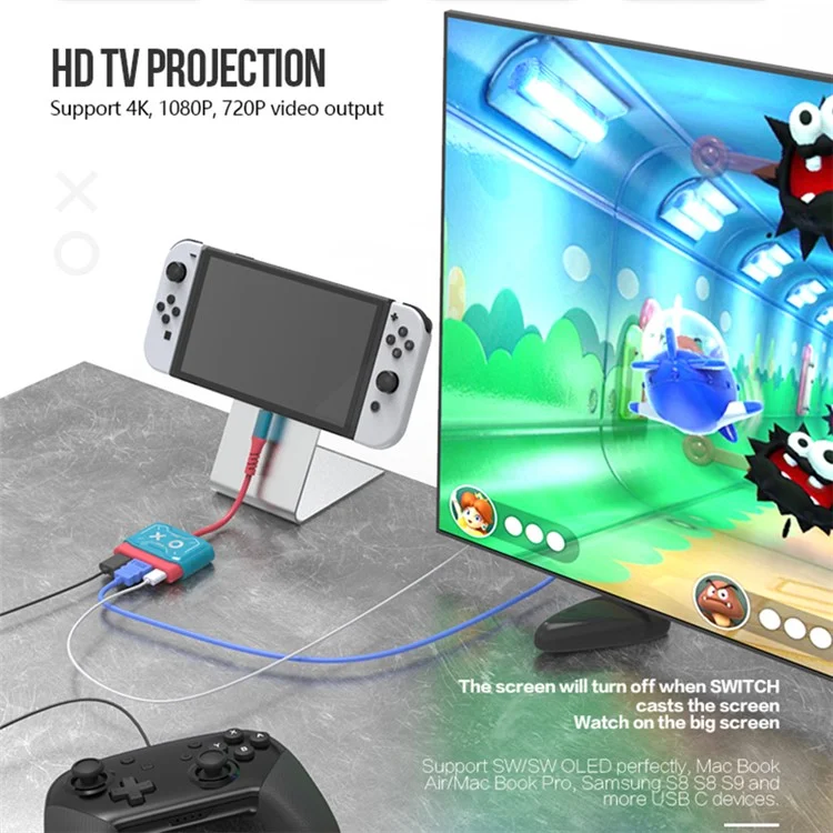 TOPWOLF HS-SW250 Para Nintendo Switch / Switch OLED Dock 4K HD USB 3.0 Hub Adaptador USB C Divisor Estación de Acoplamiento de TV