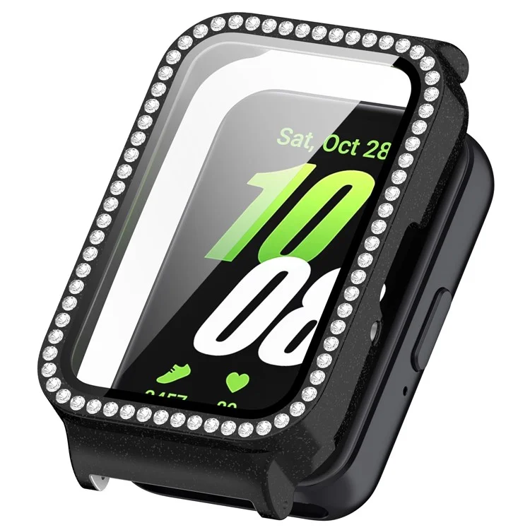 Custodia per orologio Samsung Galaxy Fit3 con decorazione in cristalli Rhinestone e copertura in PC con pellicola protettiva in vetro temperato - Nero elettroplaccato