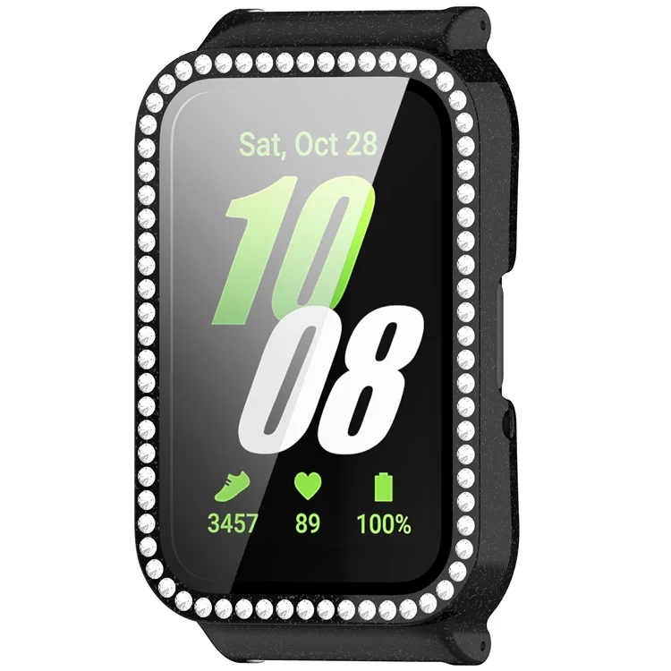 Custodia per orologio Samsung Galaxy Fit3 con decorazione in cristalli Rhinestone e copertura in PC con pellicola protettiva in vetro temperato - Nero elettroplaccato