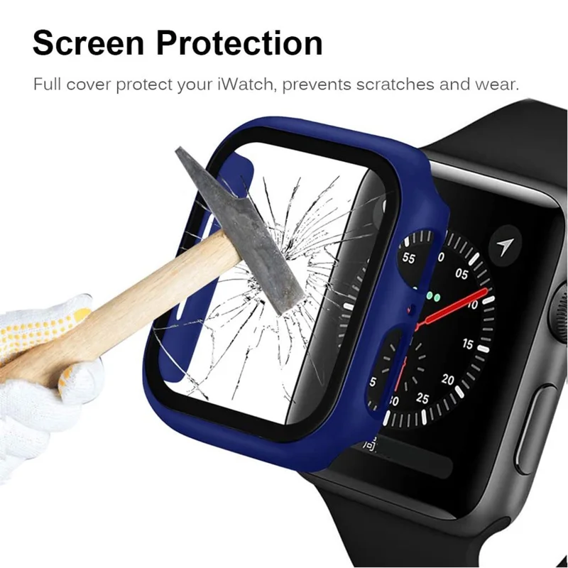 Frame PC + Tempered Glass Protector Watch Case for Apple Watch Series 3 / 2 / 1 38mm - Dark Blue