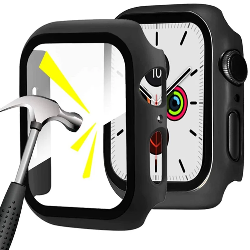 لسلسلة Apple Watch Series 4 / 5 / 6 / SE / SE (2022) 44 مم، غطاء واقي من مادة البولي كربونات مات وطبقة زجاجية مُقَسّاة مقاومة للخدوش 2 في 1 - أسود