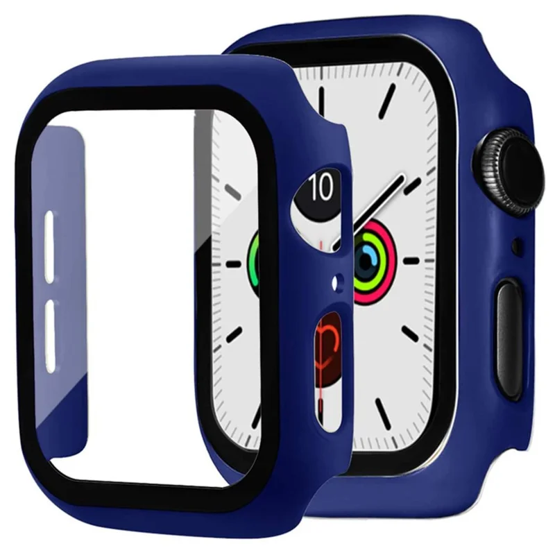 For Apple Watch Series 4 / 5 / 6 / SE / SE (2022) 44mm 2-in-1 Anti-scratch Matte Frame PC + Tempered Glass Protector Watch Case  - Dark Blue