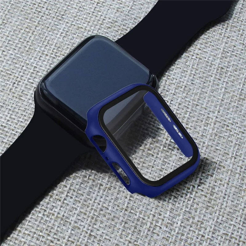 For Apple Watch Series 4 / 5 / 6 / SE / SE (2022) 44mm 2-in-1 Anti-scratch Matte Frame PC + Tempered Glass Protector Watch Case  - Dark Blue