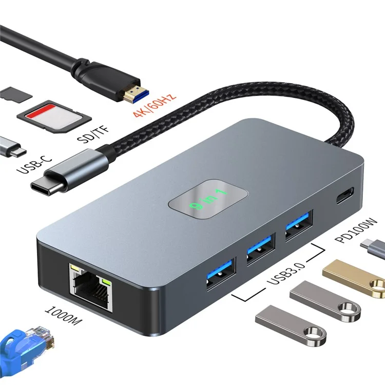 2318 Type-C-Hub mit 3xUSB 3.0+HD-Videoausgang+2xKartenlesegeräte+PD 100W+RJ45-Ethernet+USB-C-Datenwandler