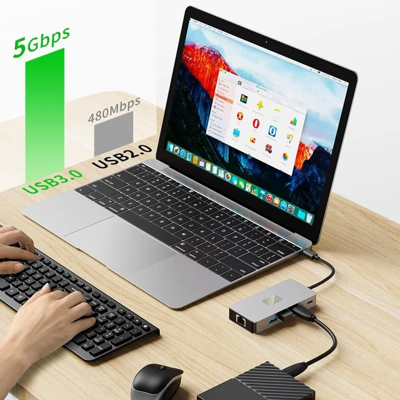 2318 Type-C-Hub mit 3xUSB 3.0+HD-Videoausgang+2xKartenlesegeräte+PD 100W+RJ45-Ethernet+USB-C-Datenwandler
