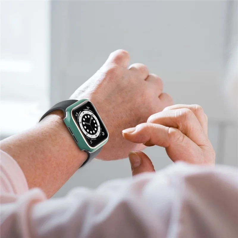 Electroplating Hard PC and Tempered Glass Film Smart Watch Case for Apple Watch Series SE3 / SE2 / SE1 /  6 / 5 / 4 44mm - Blackish Green / Silver