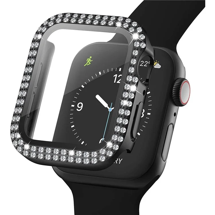 Capa De Capa Protetora De Strass Brilhante Com Filme De Vidro Temperado Para A Série De Apple Watch 3/2/1 38mm - Preto