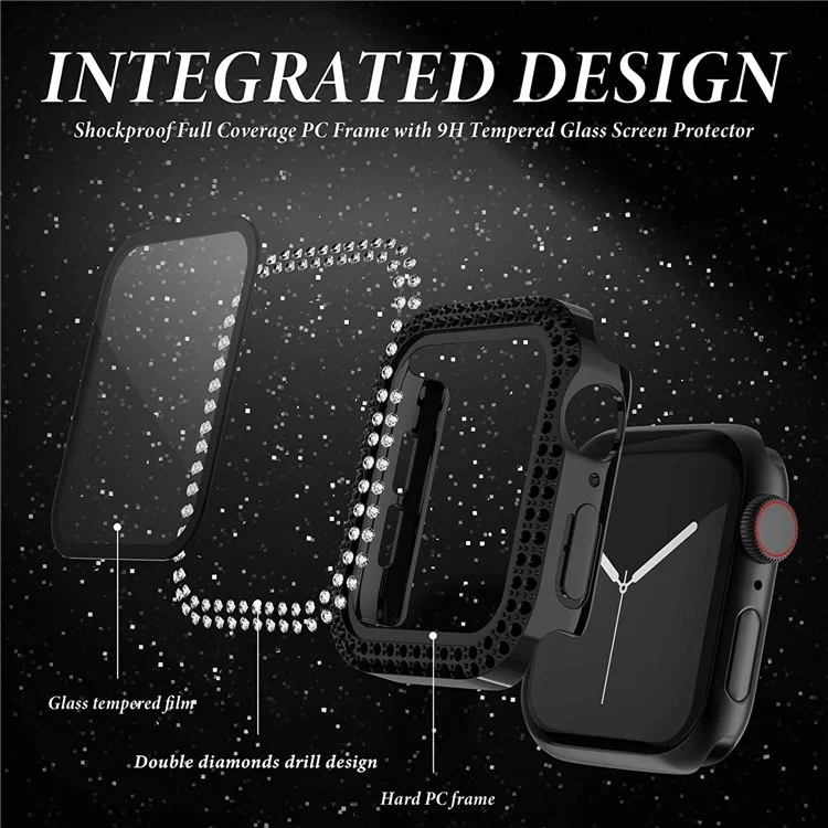 Capa De Capa Protetora De Strass Brilhante Com Filme De Vidro Temperado Para A Série De Apple Watch 3/2/1 38mm - Preto