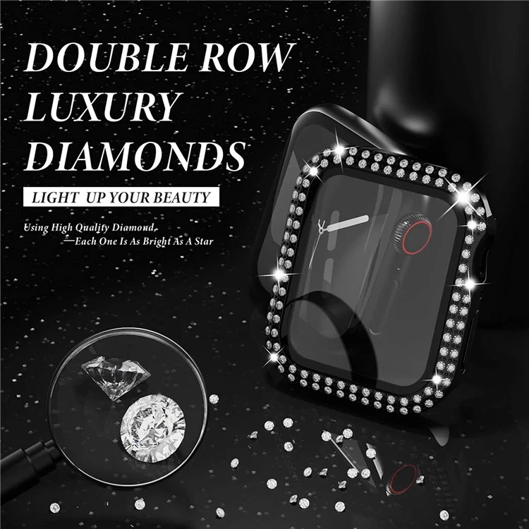 Shiny Rhinestone Protective Watch Case Cover with Tempered Glass Film for Apple Watch Series 3/2/1 38mm - Black