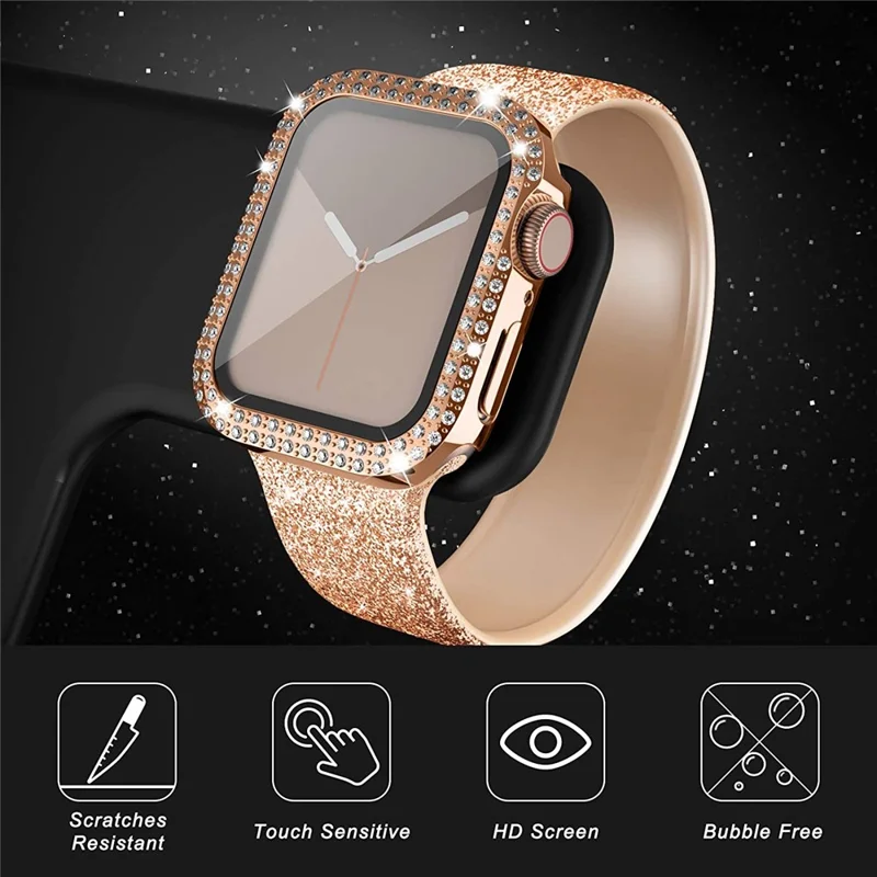Tempered Glass Screen Protector Smart Watch Case Cover with Rhinestone Decor for Apple Watch Series SE3 / SE2 / SE1 /  6 / 5 / 4 40mm - Rose Gold