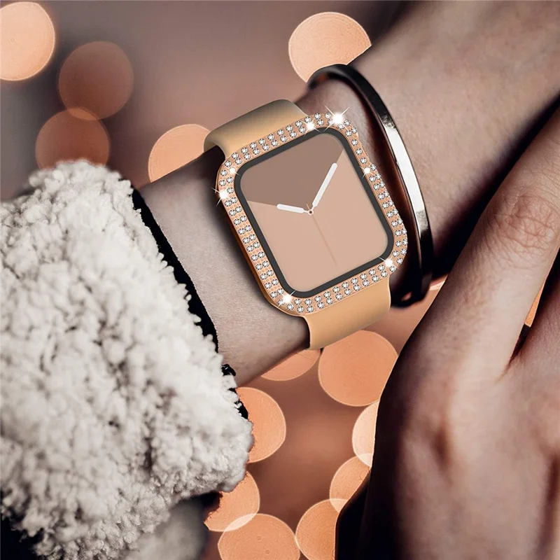 Tempered Glass Screen Protector Smart Watch Case Cover with Rhinestone Decor for Apple Watch Series SE3 / SE2 / SE1 /  6 / 5 / 4 40mm - Rose Gold