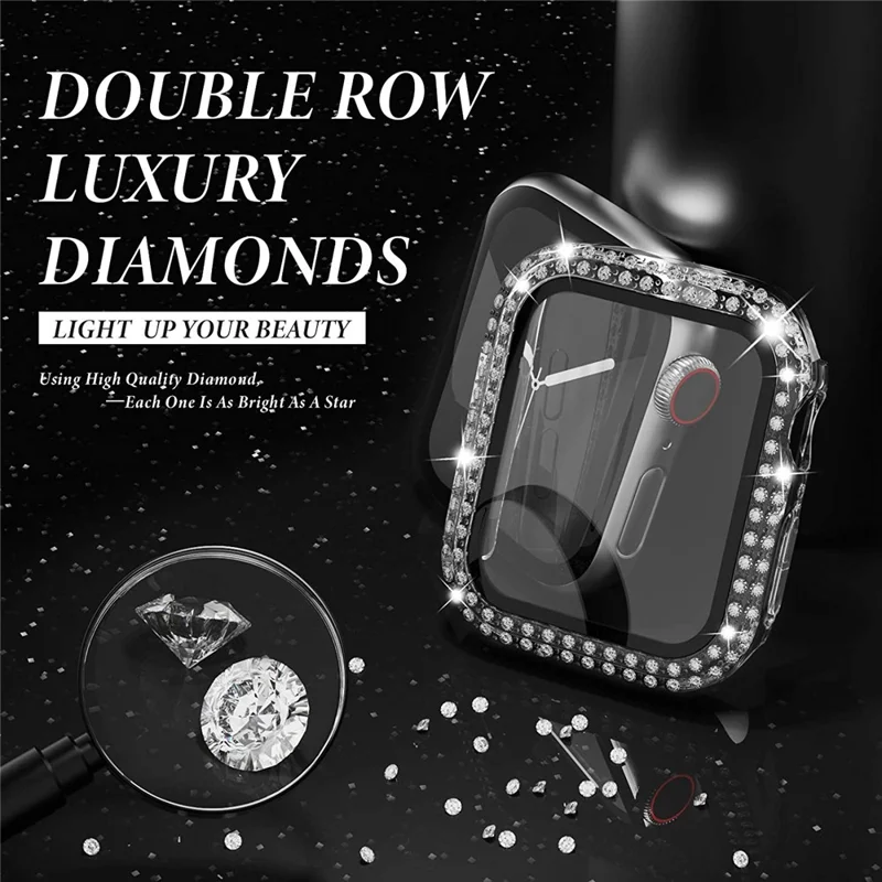 Tempered Glass Screen Protector Smart Watch Case Cover with Rhinestone Decor for Apple Watch Series SE3 / SE2 / SE1 /  6 / 5 / 4 40mm - Transparent
