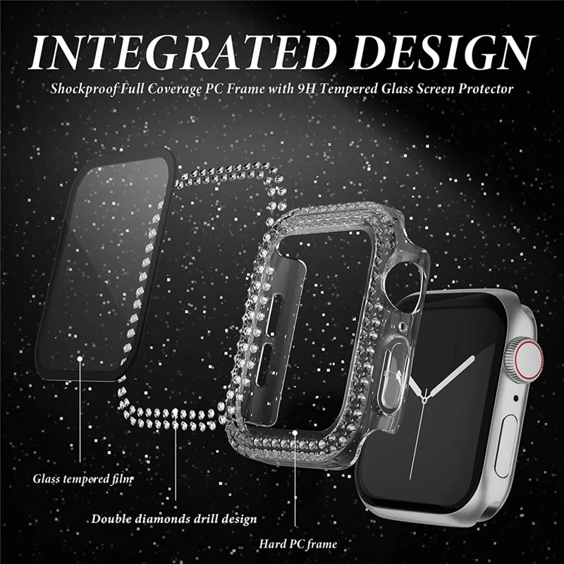 Tempered Glass Screen Protector Smart Watch Case Cover with Rhinestone Decor for Apple Watch Series SE3 / SE2 / SE1 /  6 / 5 / 4 40mm - Transparent