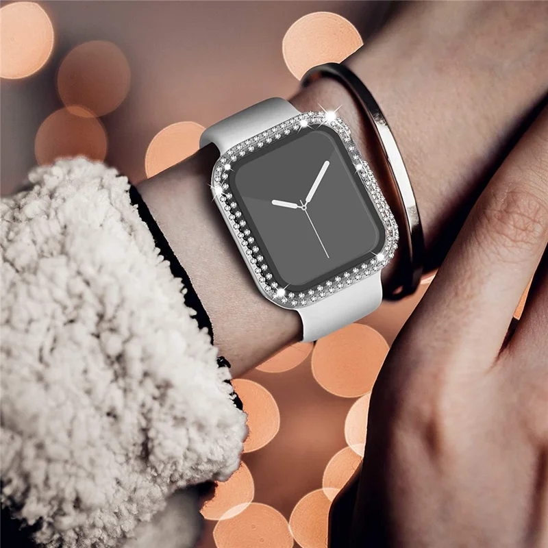 Tempered Glass Screen Protector Smart Watch Case Cover with Rhinestone Decor for Apple Watch Series SE3 / SE2 / SE1 /  6 / 5 / 4 40mm - Transparent