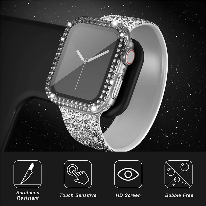 Tempered Glass Screen Protector Smart Watch Case Cover with Rhinestone Decor for Apple Watch Series SE3 / SE2 / SE1 /  6 / 5 / 4 40mm - Transparent