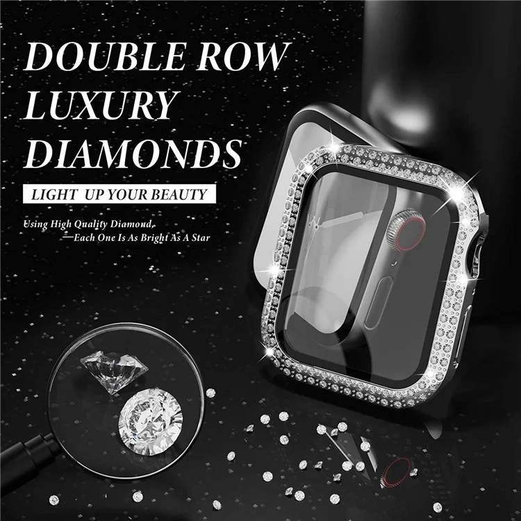 Tempered Glass Screen Protector Smart Watch Case Cover with Rhinestone Decor for Apple Watch Series SE / SE (2022) / 6 / 5 / 4 40mm - Silver