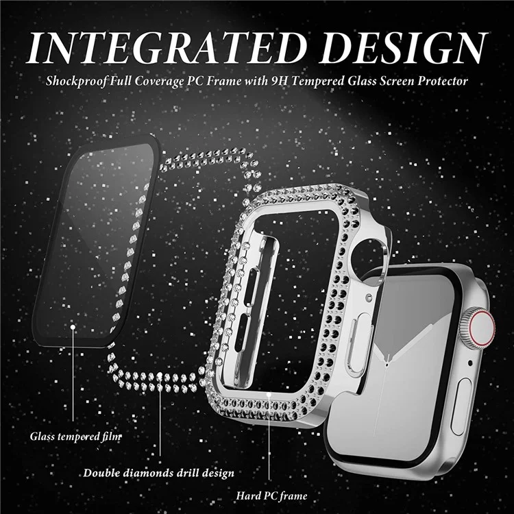 Tempered Glass Screen Protector Smart Watch Case Cover with Rhinestone Decor for Apple Watch Series SE / SE (2022) / 6 / 5 / 4 40mm - Silver