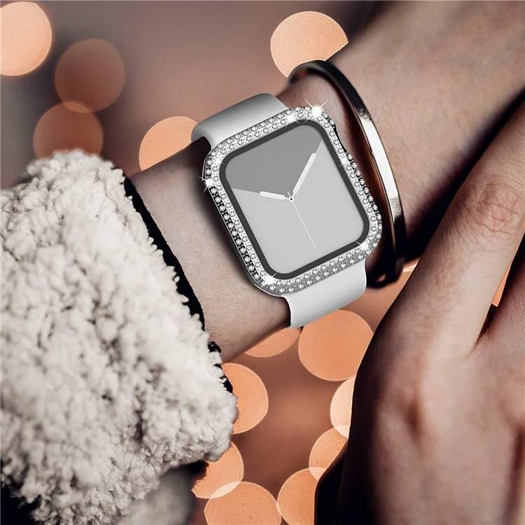 Tempered Glass Screen Protector Smart Watch Case Cover with Rhinestone Decor for Apple Watch Series SE / SE (2022) / 6 / 5 / 4 40mm - Silver