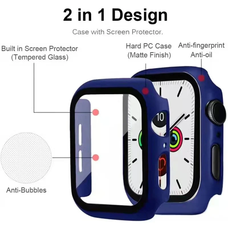 For Apple Watch Series 9 / 8 / 7 41mm Hard PC Frame + Tempered Glass Screen Protector Integrated Watch Case - Dark Blue