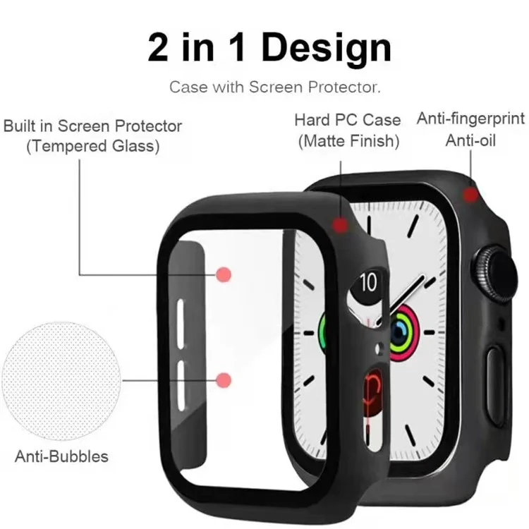 2-in-1 Hard PC Frame + Tempered Glass Screen Protector Watch Case for Apple Watch Series 9 / 8 / 7 45mm - Black