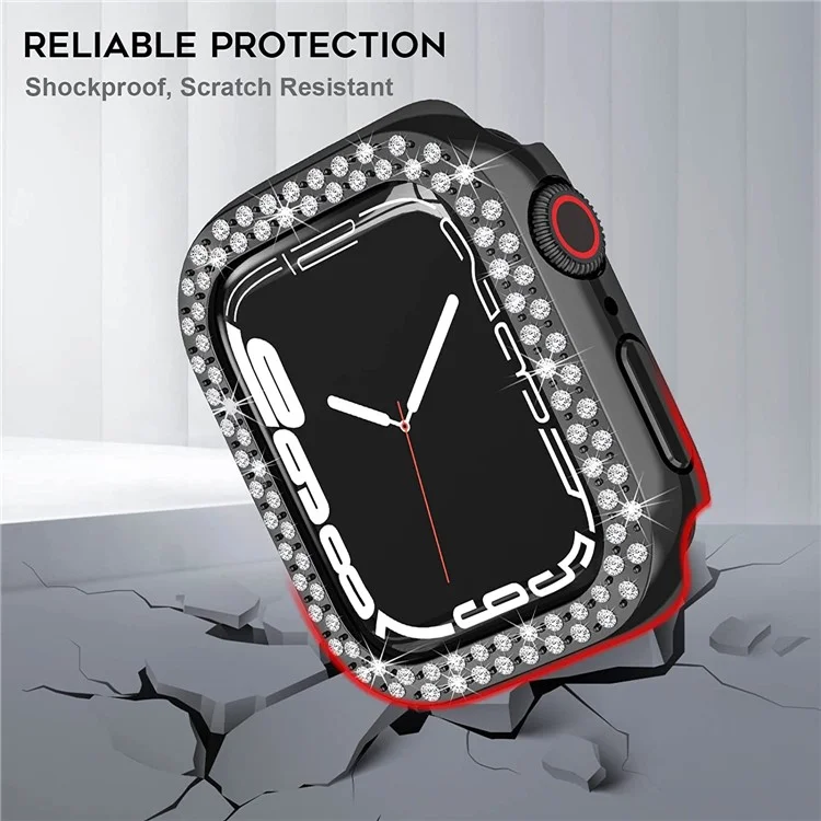 Cover per la cassa dell'orologio Apple Watch Serie 9 / 8 / 7 45mm, in PC antigraffio con decorazioni in strass - Nero